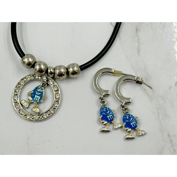 Silver M & M Pendant On A Silver Necklace Chain With Earrings Blue M&M Cartoon - Picture 1 of 7